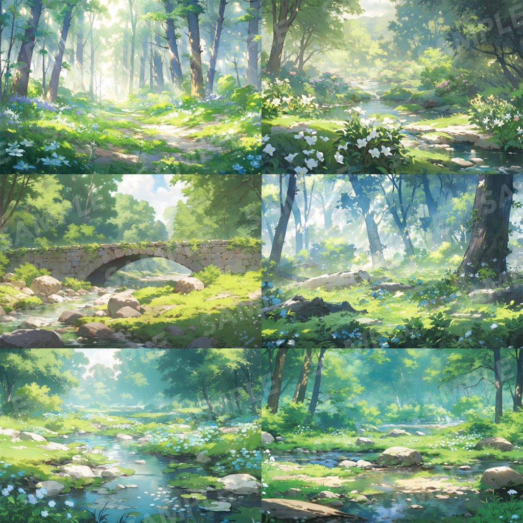 【背景素材】【朝と夜】森林 草むら 小川 森 木 緑 草 花 自然 川 小道 自然 植物 山中 ジャングル フォレスト 色彩 背景90枚【画集】【コンセプトアート】