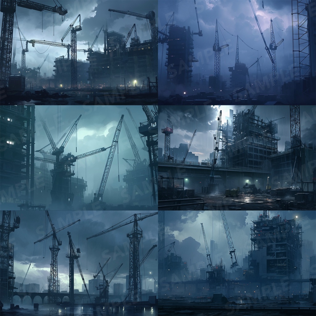 【背景素材】【暗】建設現場 工事現場 建築現場 クレーン 土木工事 現場 開発 都市ビル 解体 作業場 建物 世界観 背景30枚【画集】【コンセプトアート】