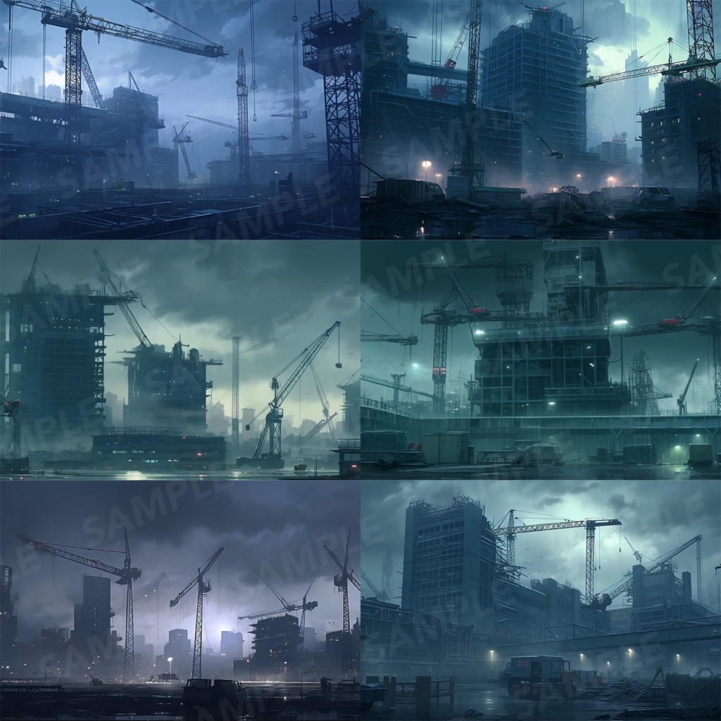 【背景素材】【暗】建設現場 工事現場 建築現場 クレーン 土木工事 現場 開発 都市ビル 解体 作業場 建物 世界観 背景30枚【画集】【コンセプトアート】