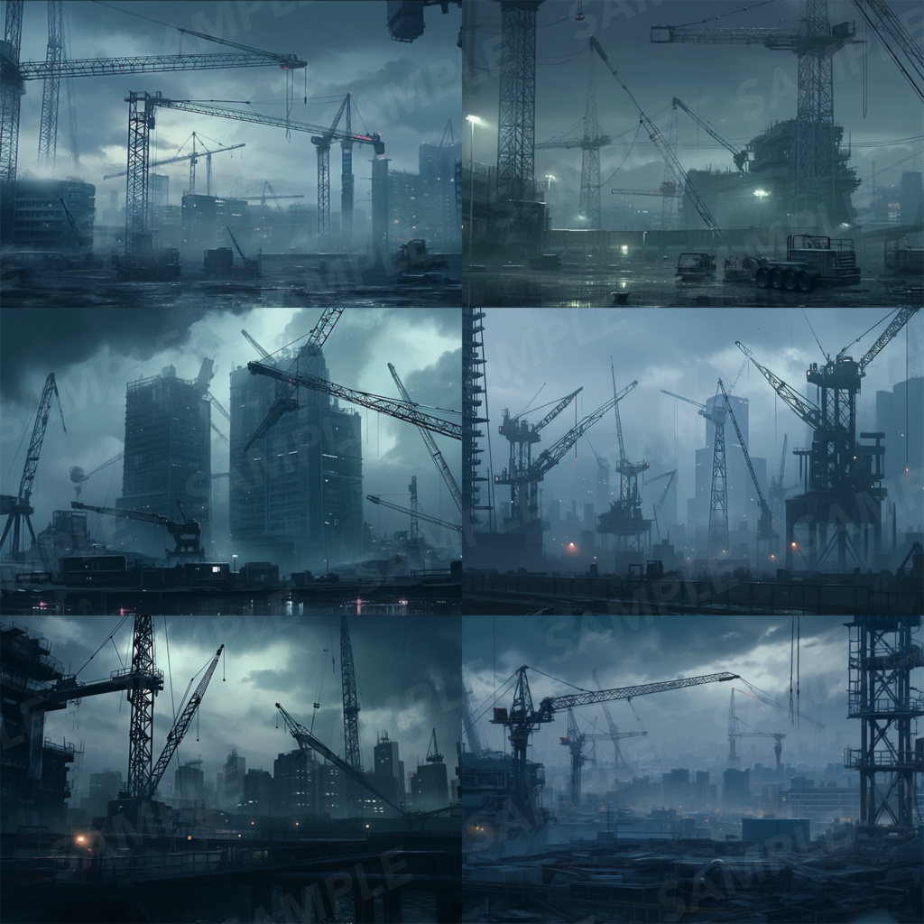 【背景素材】【暗】建設現場 工事現場 建築現場 クレーン 土木工事 現場 開発 都市ビル 解体 作業場 建物 世界観 背景30枚【画集】【コンセプトアート】