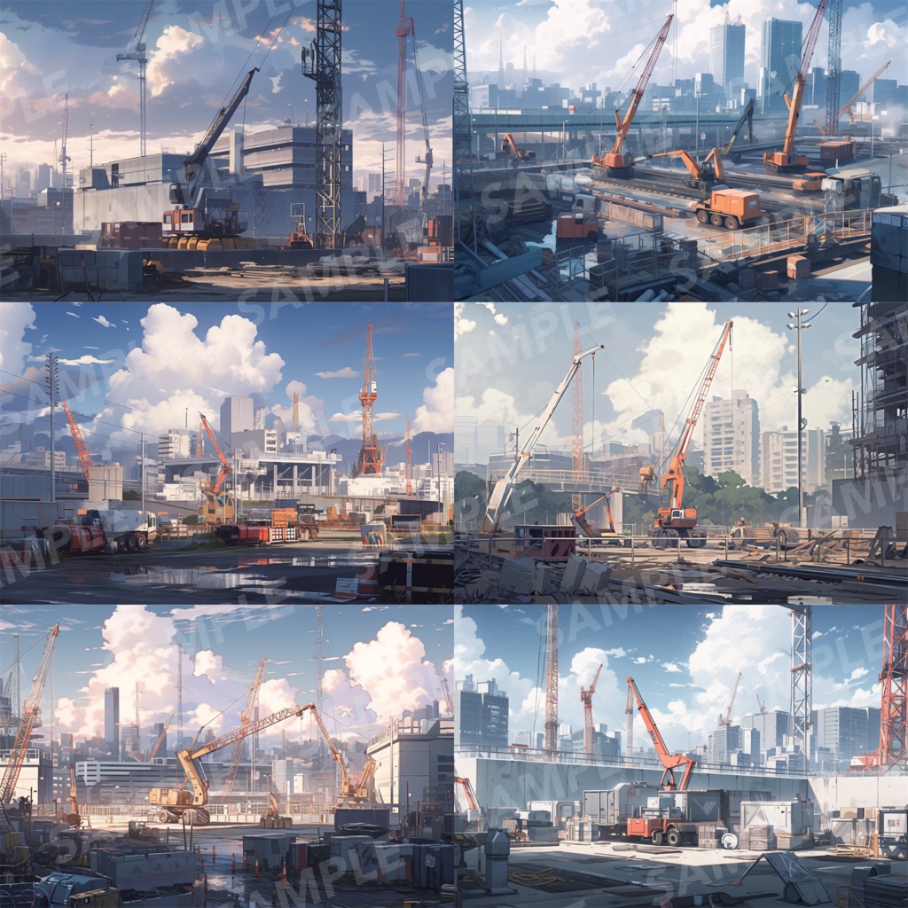 【背景素材】【明】建設現場 工事現場 建築現場 クレーン 重機 土木工事 現場 開発 都市ビル 解体 作業場 建物 世界観 背景30枚【画集】【コンセプトアート】