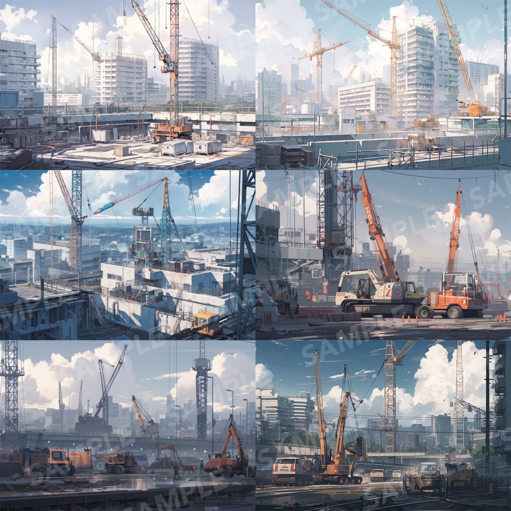 【背景素材】【明】建設現場 工事現場 建築現場 クレーン 重機 土木工事 現場 開発 都市ビル 解体 作業場 建物 世界観 背景30枚【画集】【コンセプトアート】