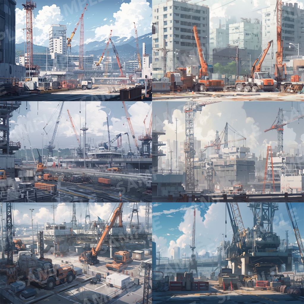 【背景素材】【明】建設現場 工事現場 建築現場 クレーン 重機 土木工事 現場 開発 都市ビル 解体 作業場 建物 世界観 背景30枚【画集】【コンセプトアート】