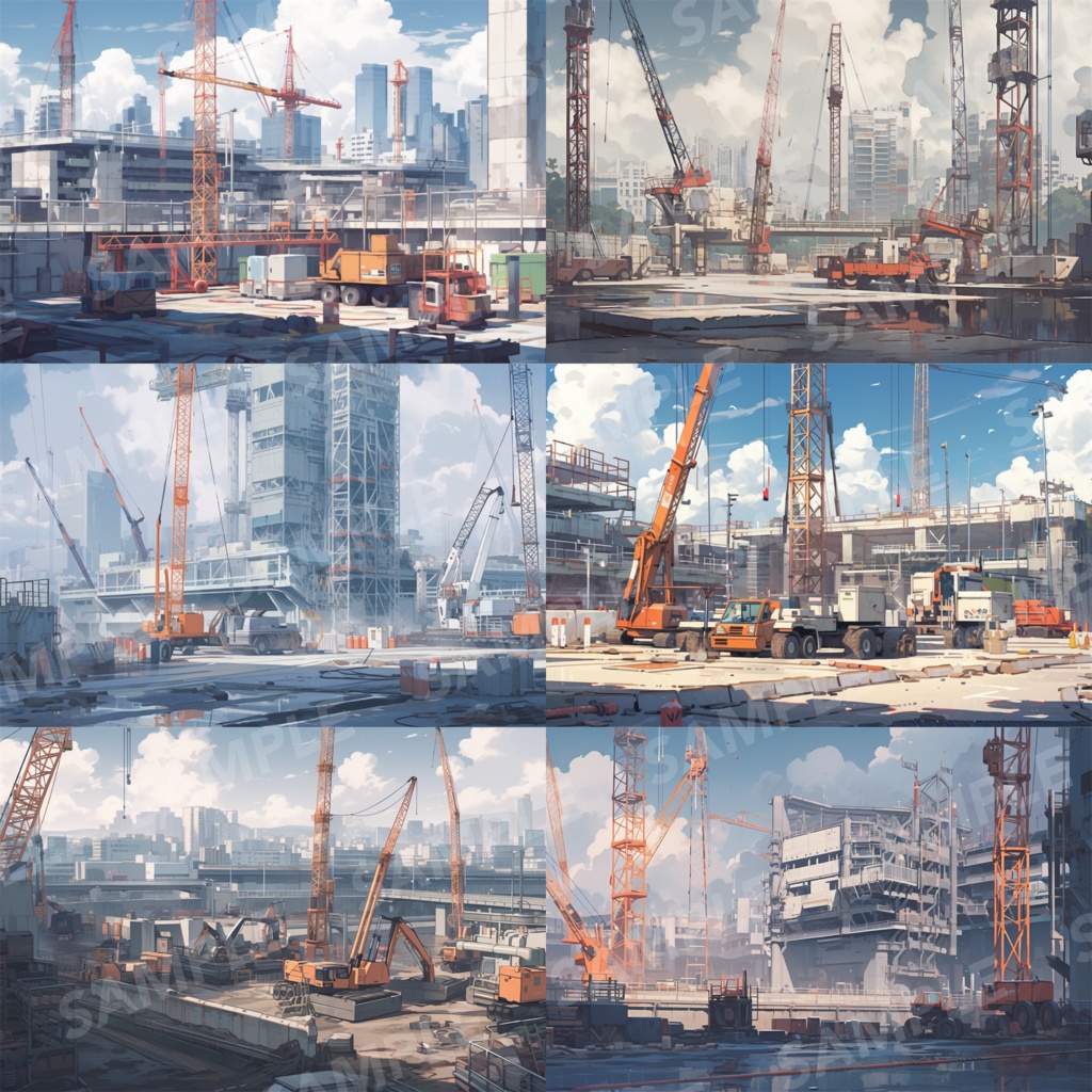 【背景素材】【明】建設現場 工事現場 建築現場 クレーン 重機 土木工事 現場 開発 都市ビル 解体 作業場 建物 世界観 背景30枚【画集】【コンセプトアート】