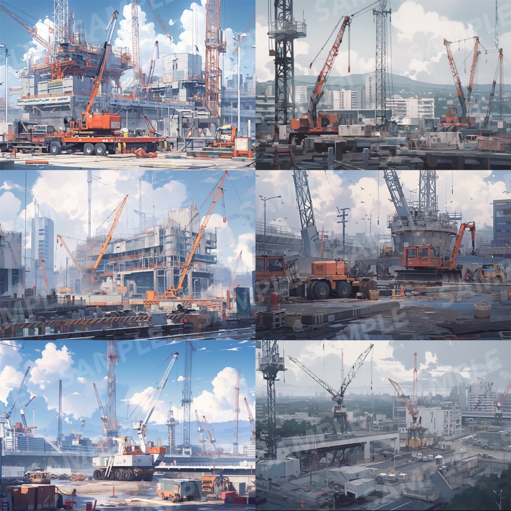 【背景素材】【明】建設現場 工事現場 建築現場 クレーン 重機 土木工事 現場 開発 都市ビル 解体 作業場 建物 世界観 背景30枚【画集】【コンセプトアート】