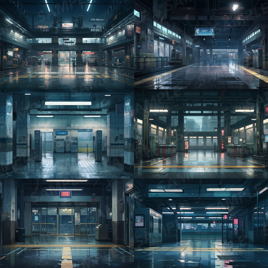 【背景素材】駅 駅構内 改札 地下鉄 鉄道 ホーム 新幹線乗り場 待合室 通路 出口 電光掲示板 広告 近未来 SF風 世界観 30枚【画集】【コンセプトアート】