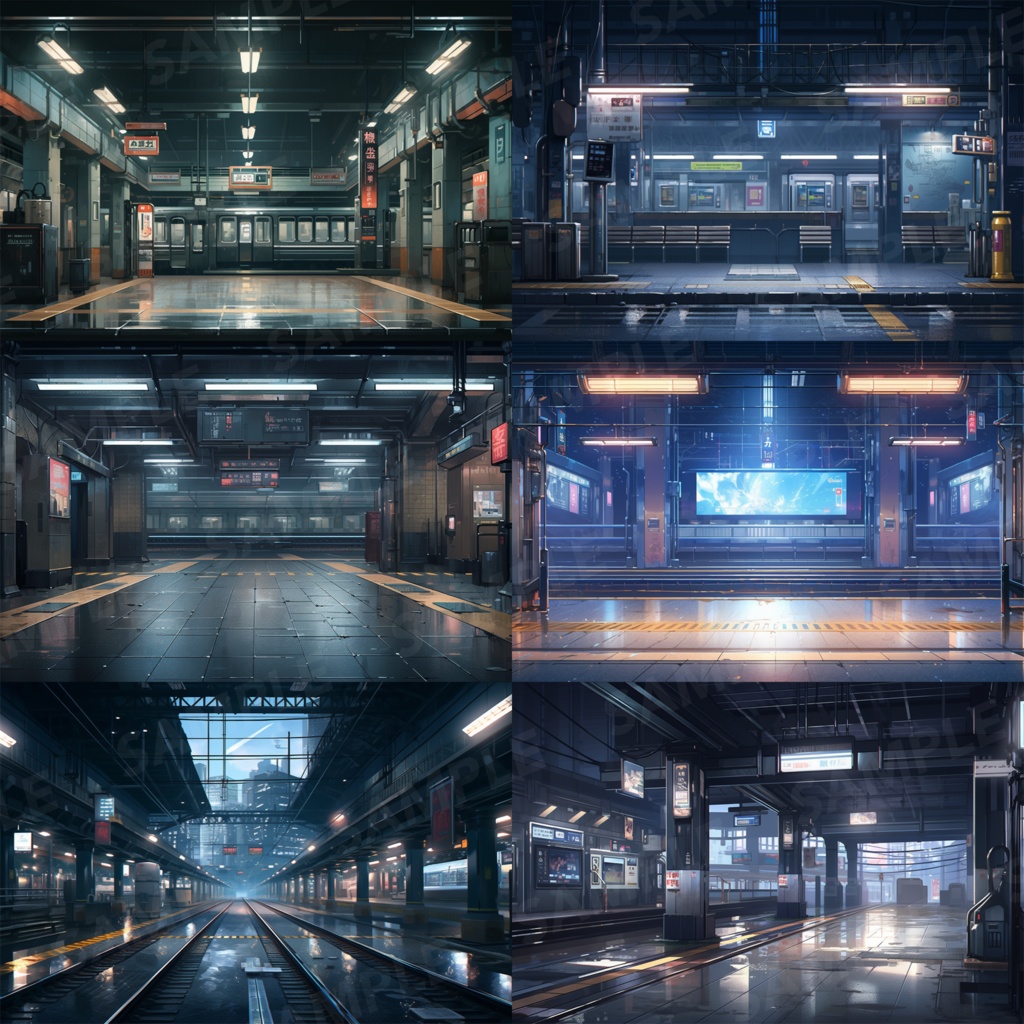 【背景素材】駅 駅構内 電車 線路 地下鉄 鉄道 ホーム 新幹線乗り場 通路 時刻表 電光掲示板 近未来 SF風 世界観 30枚【画集】【コンセプトアート】