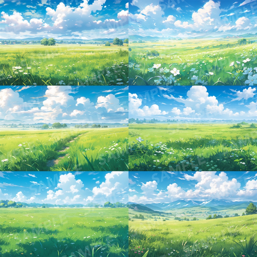 【背景素材】草原 自然 草 花 草むら お花畑 平原 芝生 牧場 放牧地 風景 遠景 アルプス 空 雲 アニメ風 背景 世界観 30枚【画集】【コンセプトアート】