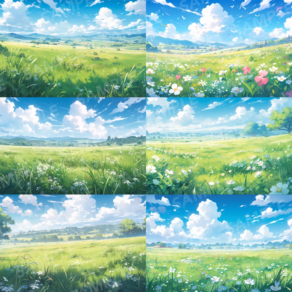 【背景素材】草原 自然 草 花 草むら お花畑 平原 芝生 牧場 放牧地 風景 遠景 アルプス 空 雲 アニメ風 背景 世界観 30枚【画集】【コンセプトアート】