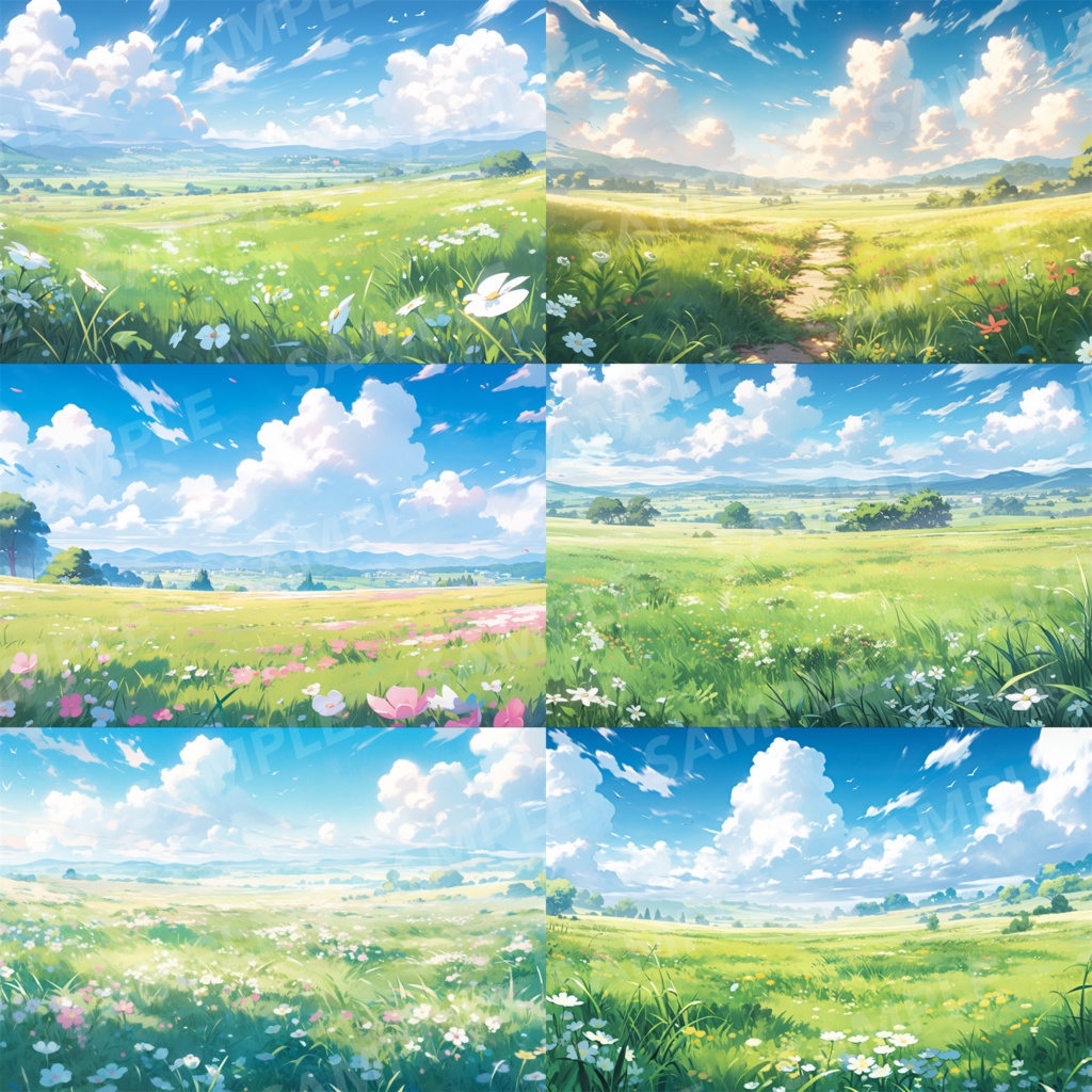 【背景素材】草原 自然 草 花 草むら お花畑 平原 芝生 牧場 放牧地 風景 遠景 アルプス 空 雲 アニメ風 背景 世界観 30枚【画集】【コンセプトアート】