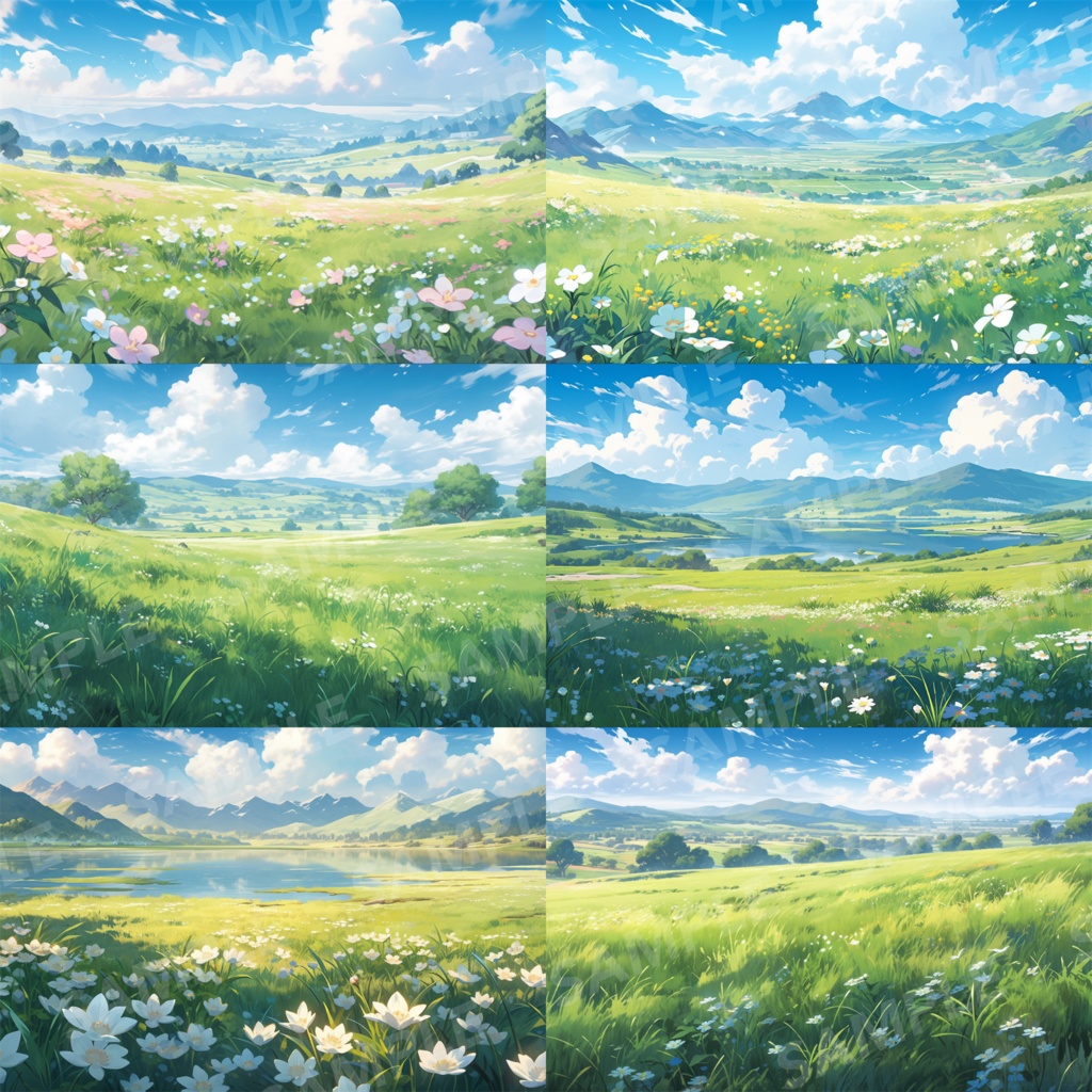 【背景素材】草原 自然 草 花 草むら お花畑 平原 芝生 牧場 放牧地 風景 遠景 アルプス 空 雲 アニメ風 背景 世界観 30枚【画集】【コンセプトアート】