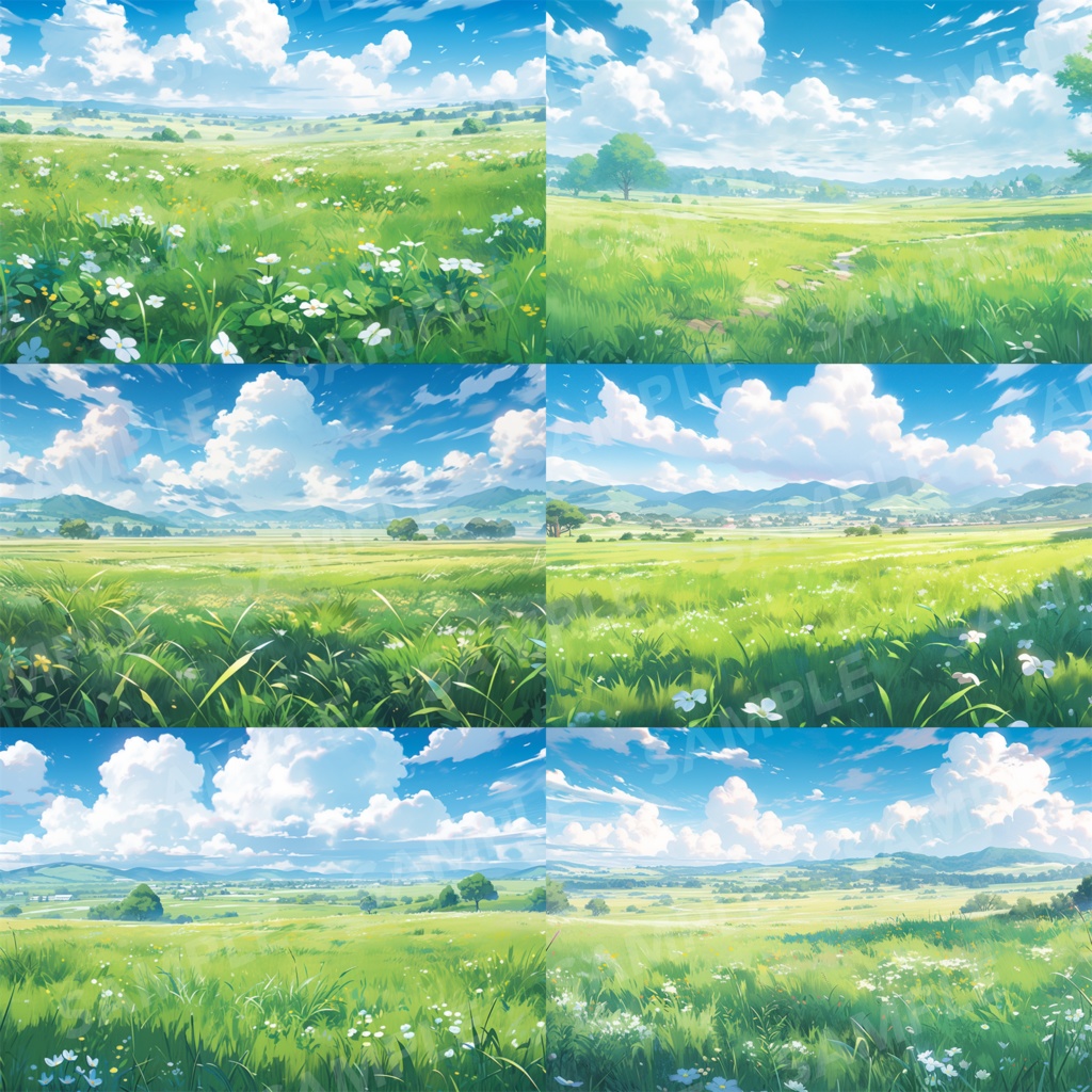 【背景素材】草原 自然 草 花 草むら お花畑 平原 芝生 牧場 放牧地 風景 遠景 アルプス 空 雲 アニメ風 背景 世界観 30枚【画集】【コンセプトアート】