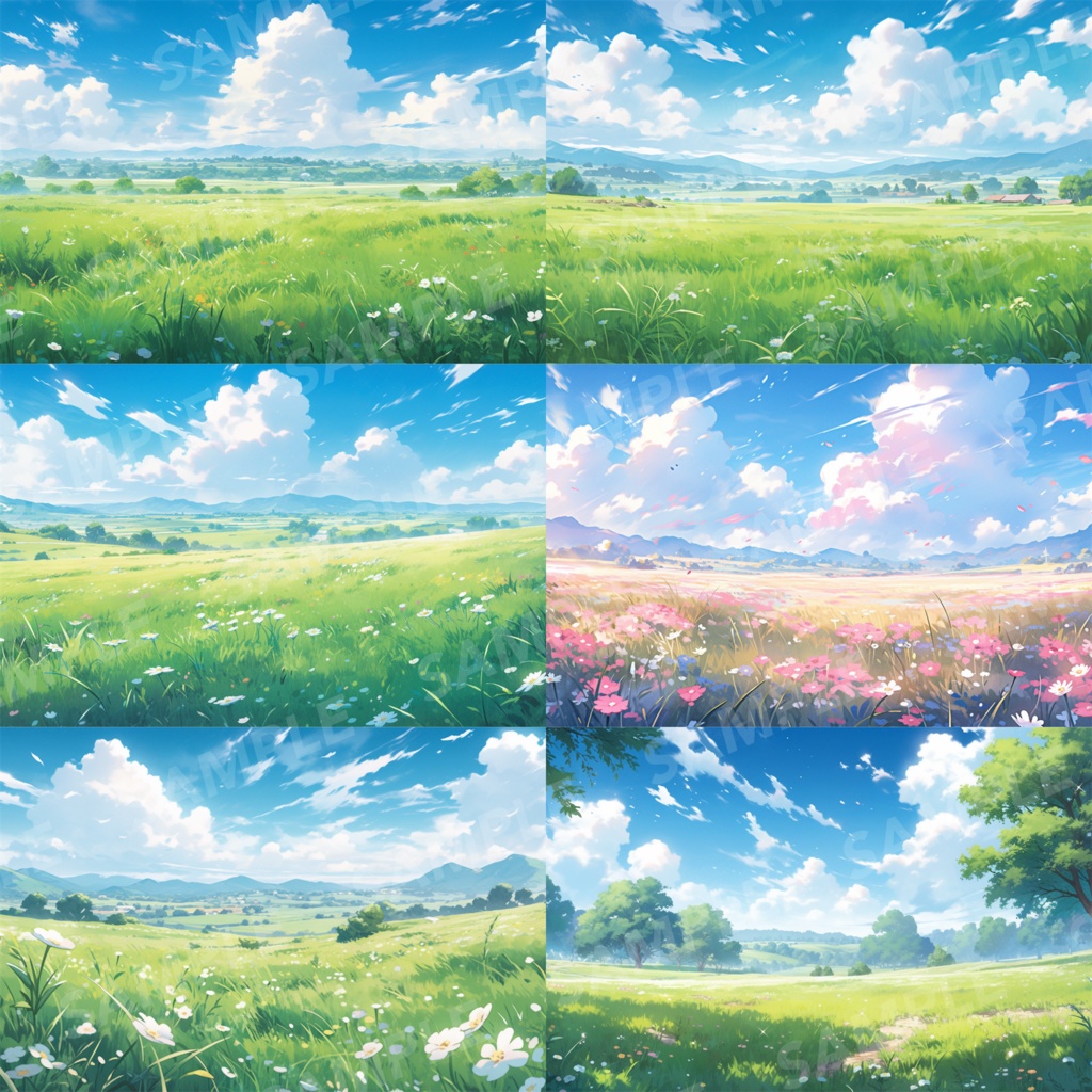 【背景素材】草原 自然 草 花 草むら お花畑 平原 芝生 牧場 放牧地 風景 遠景 アルプス 空 雲 アニメ風 背景 世界観 90枚【画集】【コンセプトアート】