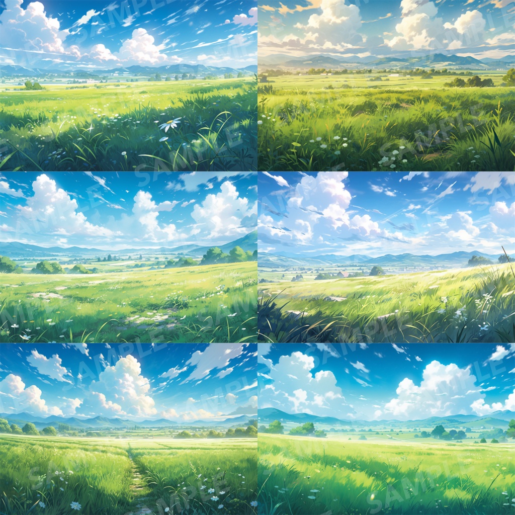 【背景素材】草原 自然 草 花 草むら お花畑 平原 芝生 牧場 放牧地 風景 遠景 アルプス 空 雲 アニメ風 背景 世界観 90枚【画集】【コンセプトアート】