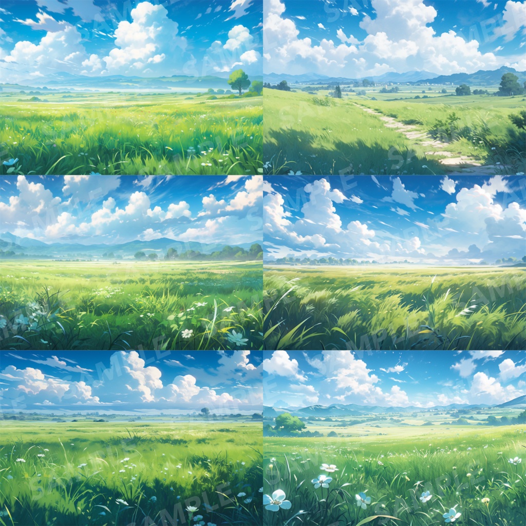 【背景素材】草原 自然 草 花 草むら お花畑 平原 芝生 牧場 放牧地 風景 遠景 アルプス 空 雲 アニメ風 背景 世界観 90枚【画集】【コンセプトアート】