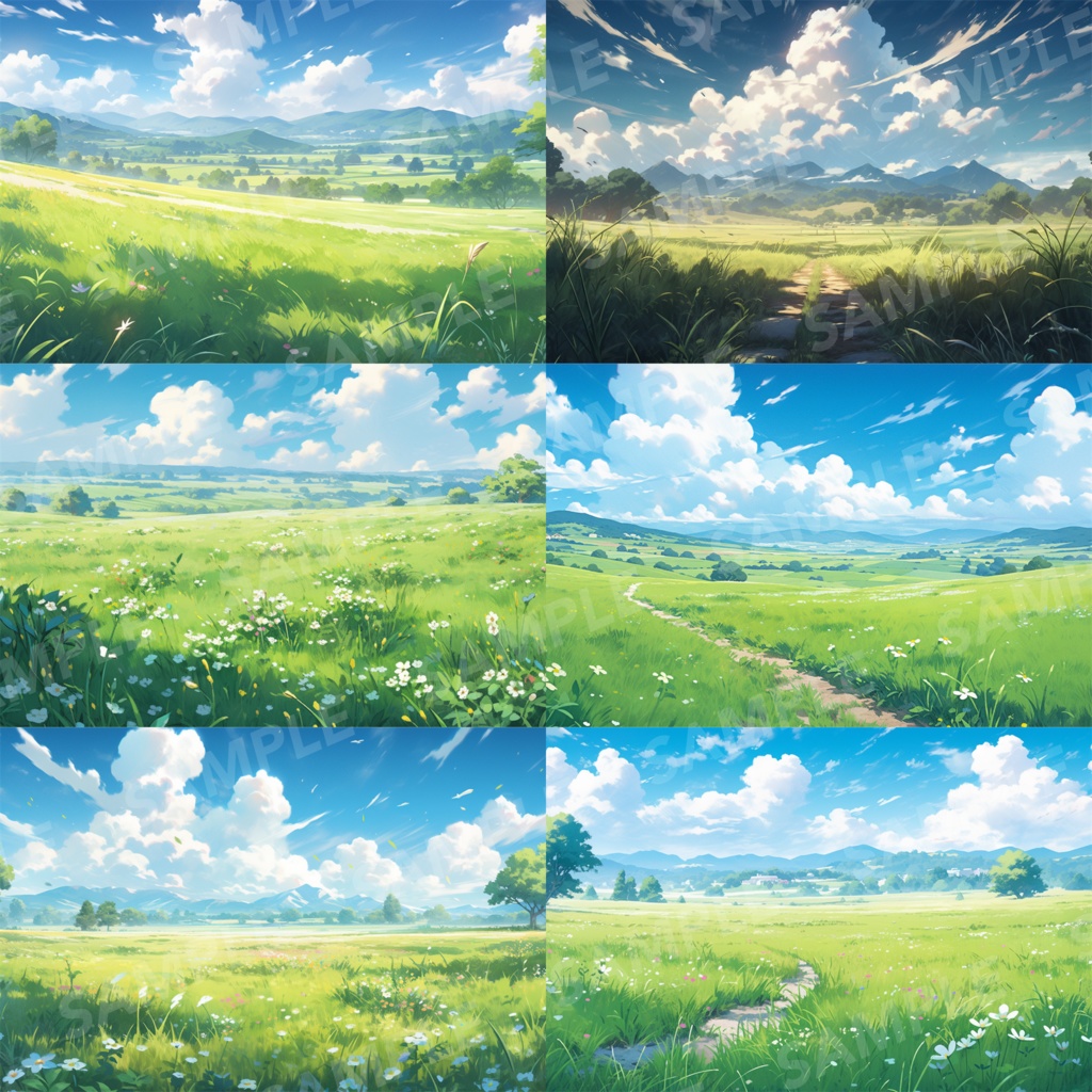 【背景素材】草原 自然 草 花 草むら お花畑 平原 芝生 牧場 放牧地 風景 遠景 アルプス 空 雲 アニメ風 背景 世界観 90枚【画集】【コンセプトアート】