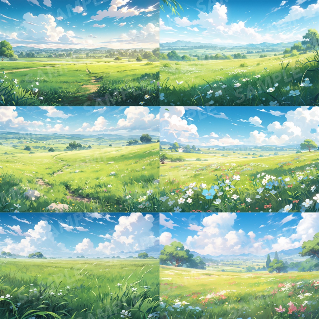 【背景素材】草原 自然 草 花 草むら お花畑 平原 芝生 牧場 放牧地 風景 遠景 アルプス 空 雲 アニメ風 背景 世界観 90枚【画集】【コンセプトアート】