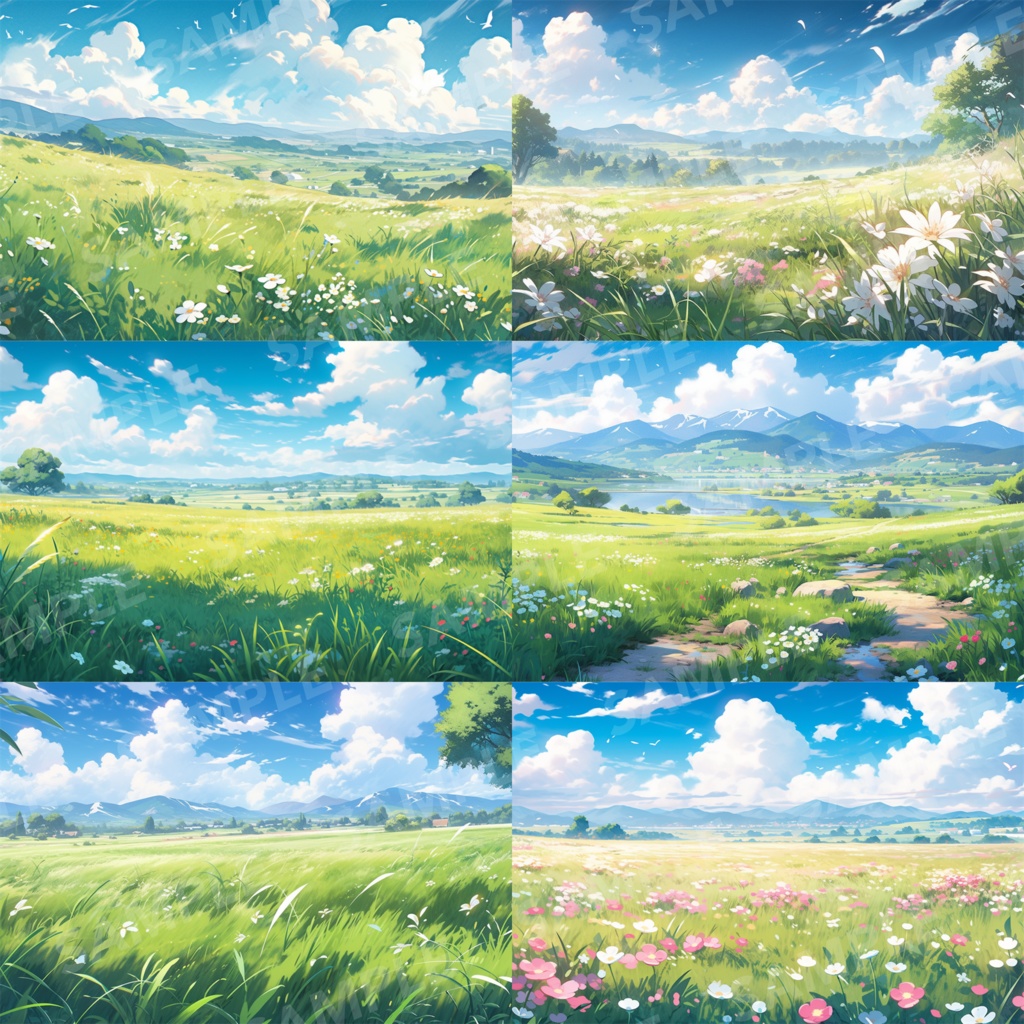 【背景素材】草原 自然 草 花 草むら お花畑 平原 芝生 牧場 放牧地 風景 遠景 アルプス 空 雲 アニメ風 背景 世界観 90枚【画集】【コンセプトアート】