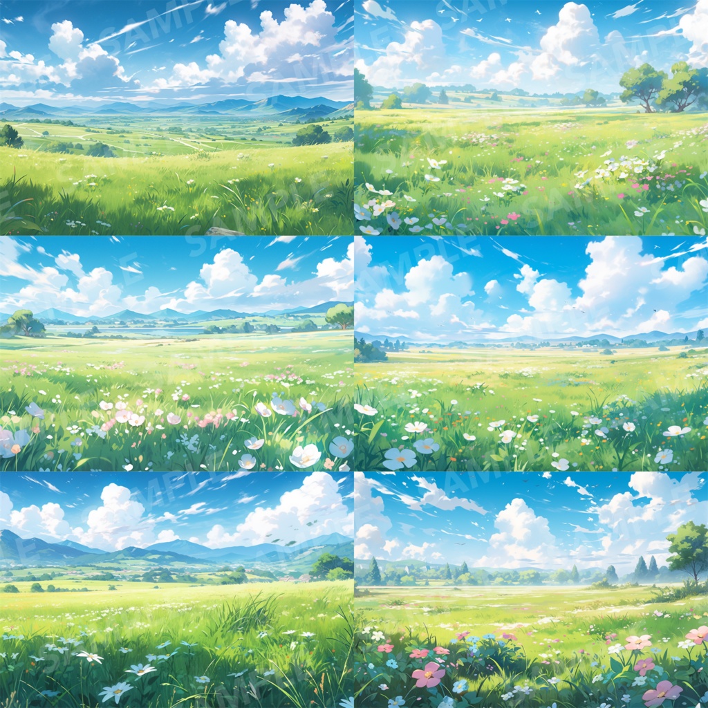 【背景素材】草原 自然 草 花 草むら お花畑 平原 芝生 牧場 放牧地 風景 遠景 アルプス 空 雲 アニメ風 背景 世界観 90枚【画集】【コンセプトアート】