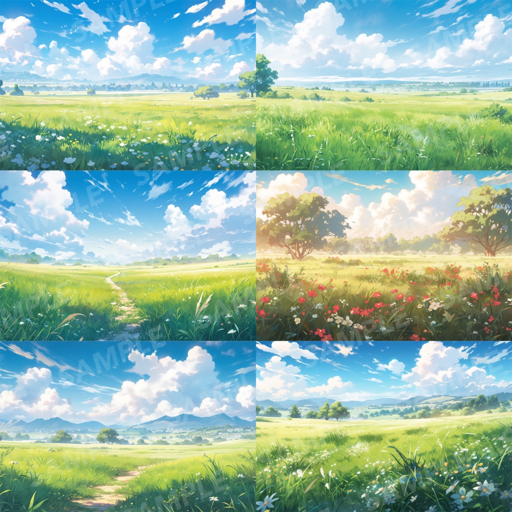 【背景素材】草原 自然 草 花 草むら お花畑 平原 芝生 牧場 放牧地 風景 遠景 アルプス 空 雲 アニメ風 背景 世界観 90枚【画集】【コンセプトアート】