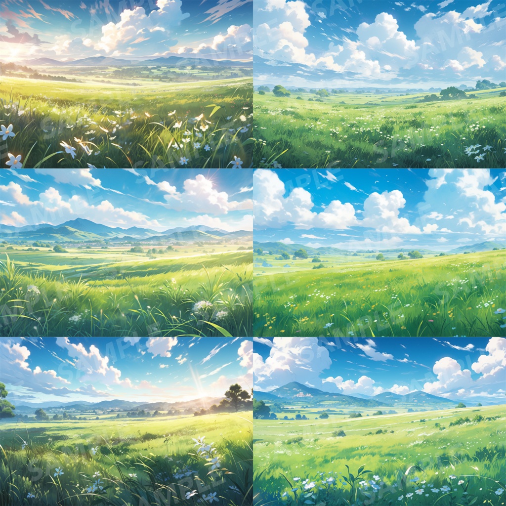 【背景素材】草原 自然 草 花 草むら お花畑 平原 芝生 牧場 放牧地 風景 遠景 アルプス 空 雲 アニメ風 背景 世界観 90枚【画集】【コンセプトアート】