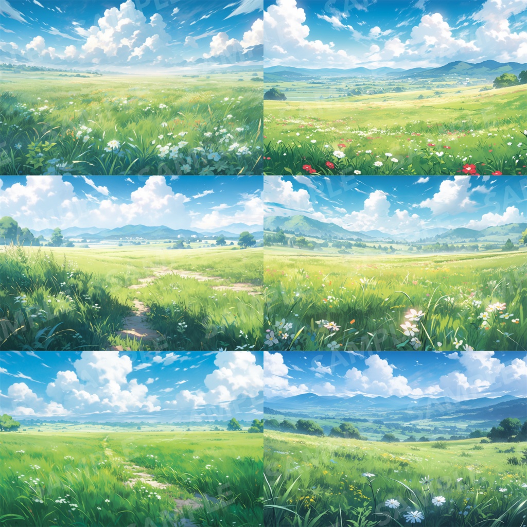 【背景素材】草原 自然 草 花 草むら お花畑 平原 芝生 牧場 放牧地 風景 遠景 アルプス 空 雲 アニメ風 背景 世界観 90枚【画集】【コンセプトアート】
