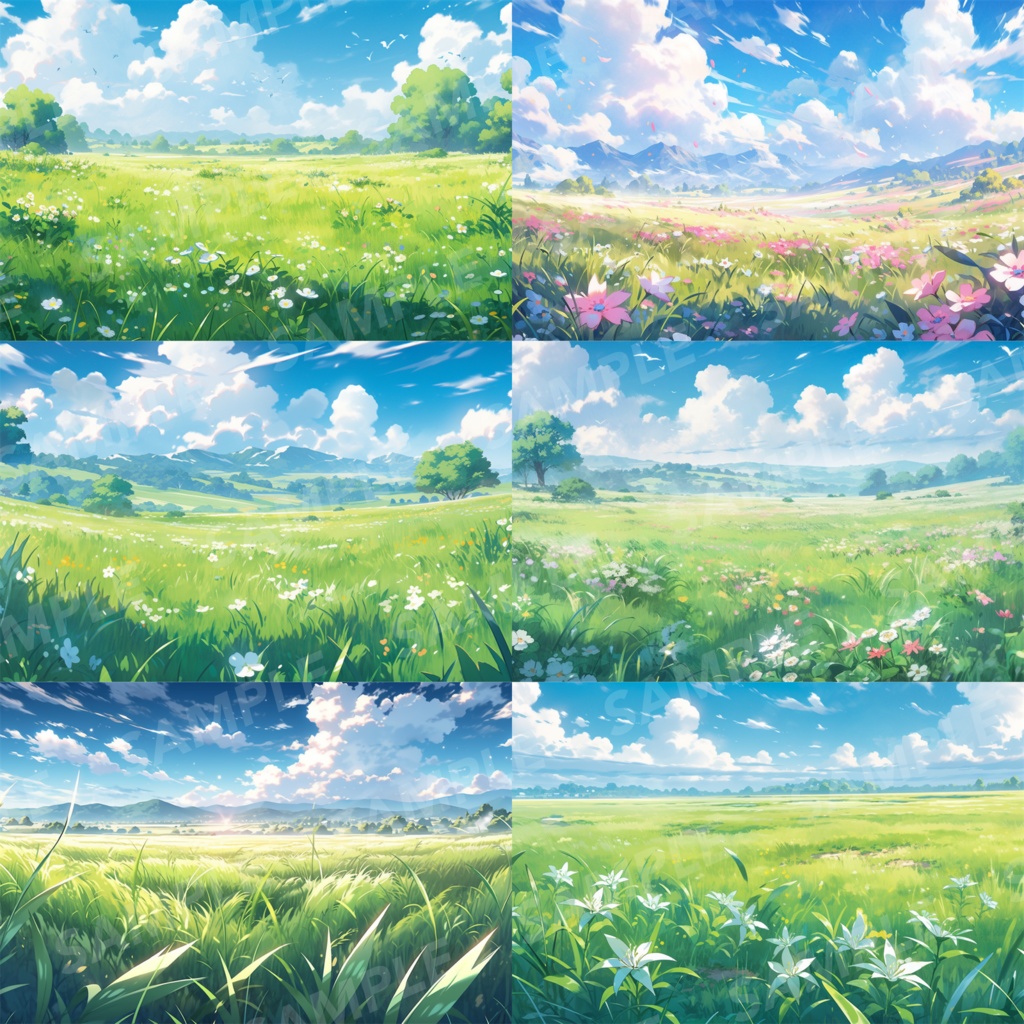 【背景素材】草原 自然 草 花 草むら お花畑 平原 芝生 牧場 放牧地 風景 遠景 アルプス 空 雲 アニメ風 背景 世界観 90枚【画集】【コンセプトアート】