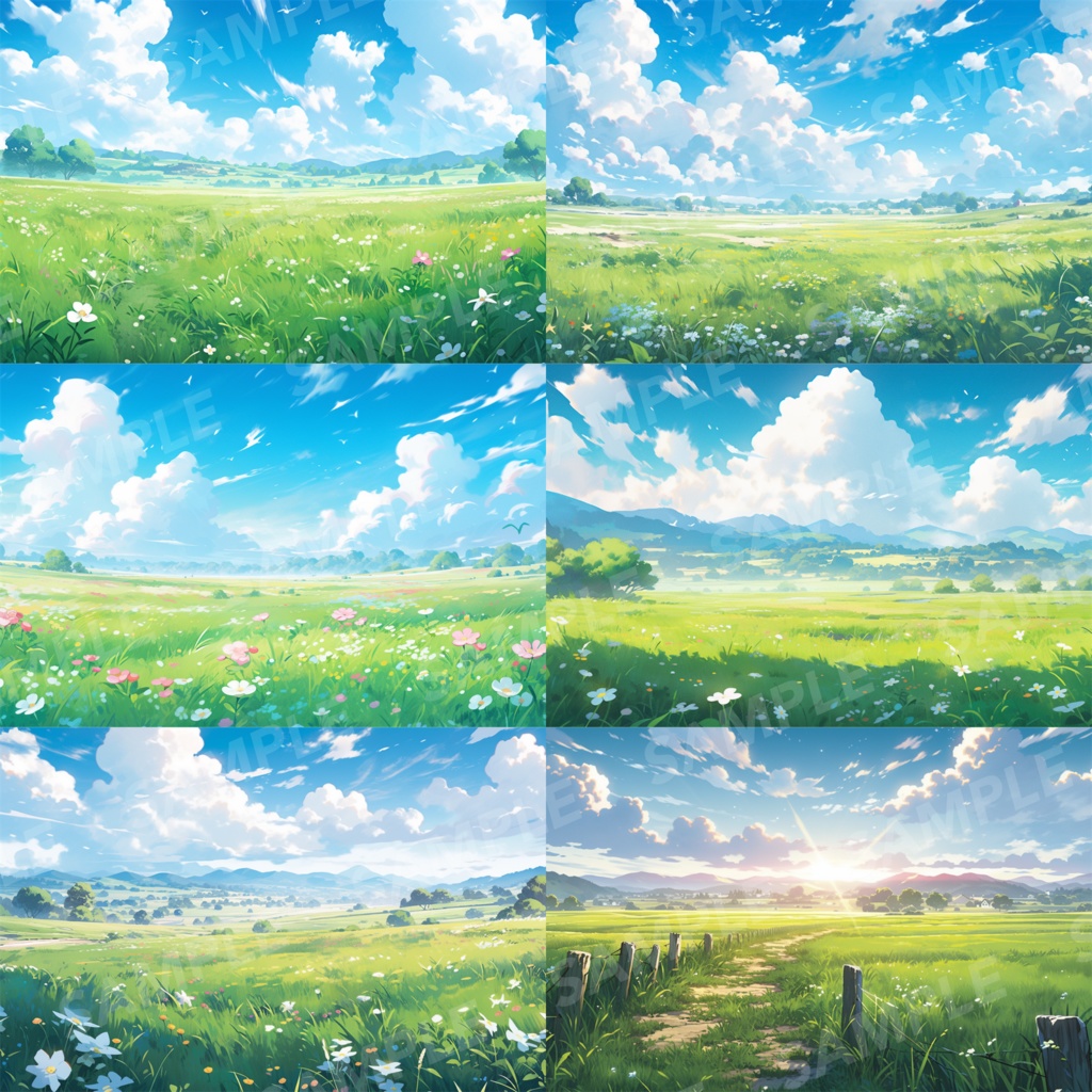 【背景素材】草原 自然 草 花 草むら お花畑 平原 芝生 牧場 放牧地 風景 遠景 アルプス 空 雲 アニメ風 背景 世界観 90枚【画集】【コンセプトアート】