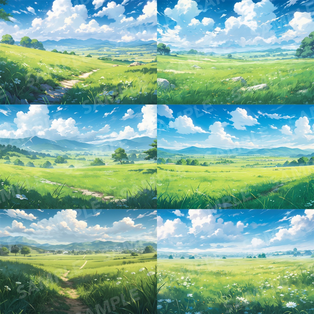 【背景素材】草原 自然 草 花 草むら お花畑 平原 芝生 牧場 放牧地 風景 遠景 アルプス 空 雲 アニメ風 背景 世界観 90枚【画集】【コンセプトアート】