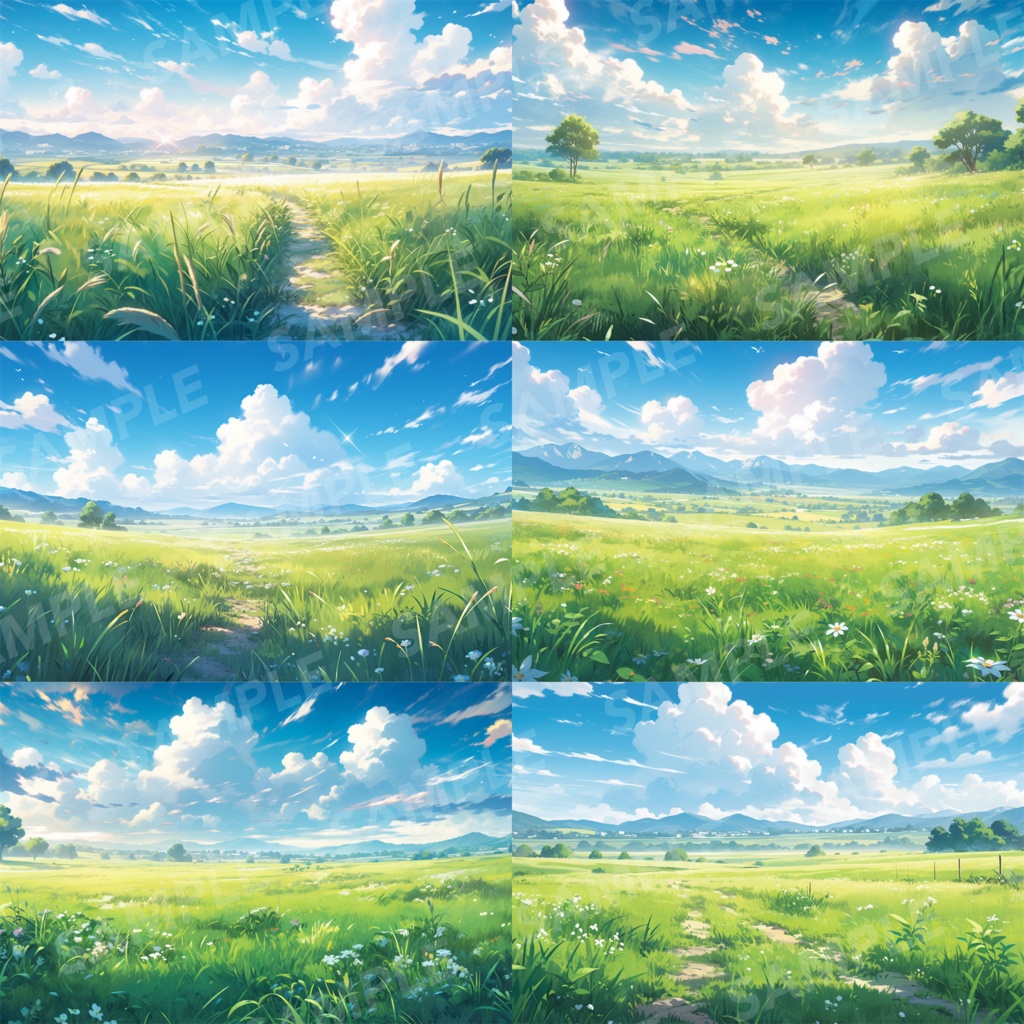 【背景素材】草原 自然 草 花 草むら お花畑 平原 芝生 牧場 放牧地 風景 遠景 アルプス 空 雲 アニメ風 背景 世界観 90枚【画集】【コンセプトアート】