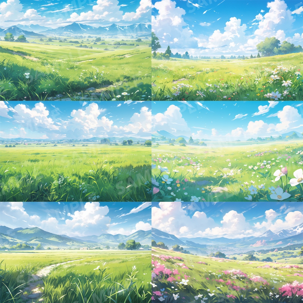 【背景素材】草原 自然 草 花 草むら お花畑 平原 芝生 牧場 放牧地 風景 遠景 アルプス 空 雲 アニメ風 背景 世界観 90枚【画集】【コンセプトアート】