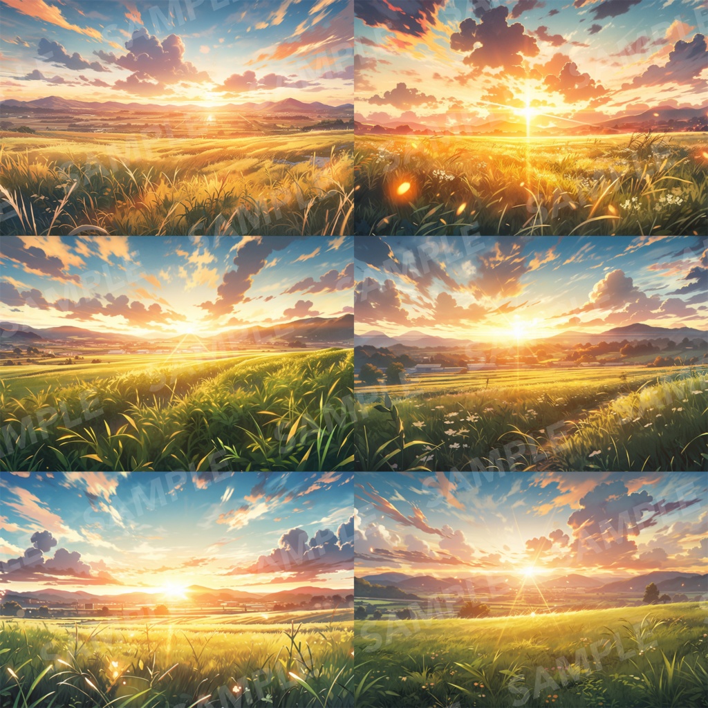 【背景素材】草原 夕日 自然 草 花 草むら お花畑 平原 芝生 牧場 放牧地 風景 遠景 アルプス 空 雲 アニメ風 背景 世界観 90枚【画集】【コンセプトアート】