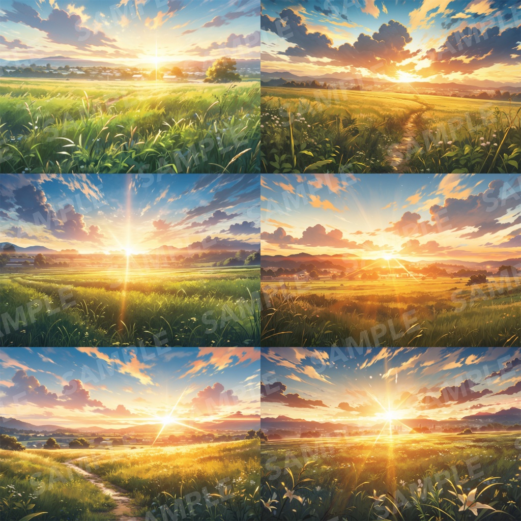 【背景素材】草原 夕日 自然 草 花 草むら お花畑 平原 芝生 牧場 放牧地 風景 遠景 アルプス 空 雲 アニメ風 背景 世界観 90枚【画集】【コンセプトアート】