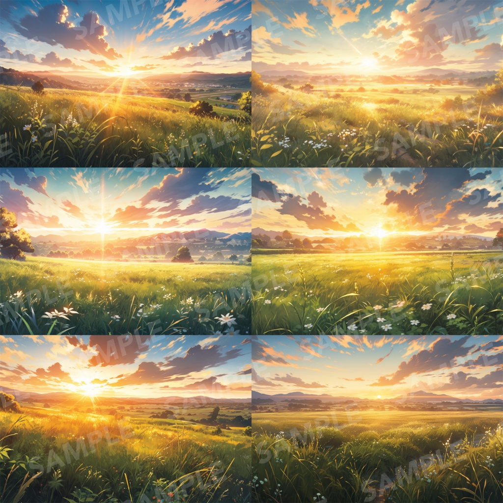 【背景素材】草原 夕日 自然 草 花 草むら お花畑 平原 芝生 牧場 放牧地 風景 遠景 アルプス 空 雲 アニメ風 背景 世界観 90枚【画集】【コンセプトアート】