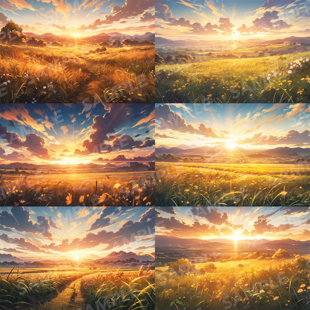 【背景素材】草原 夕日 自然 草 花 草むら お花畑 平原 芝生 牧場 放牧地 風景 遠景 アルプス 空 雲 アニメ風 背景 世界観 90枚【画集】【コンセプトアート】