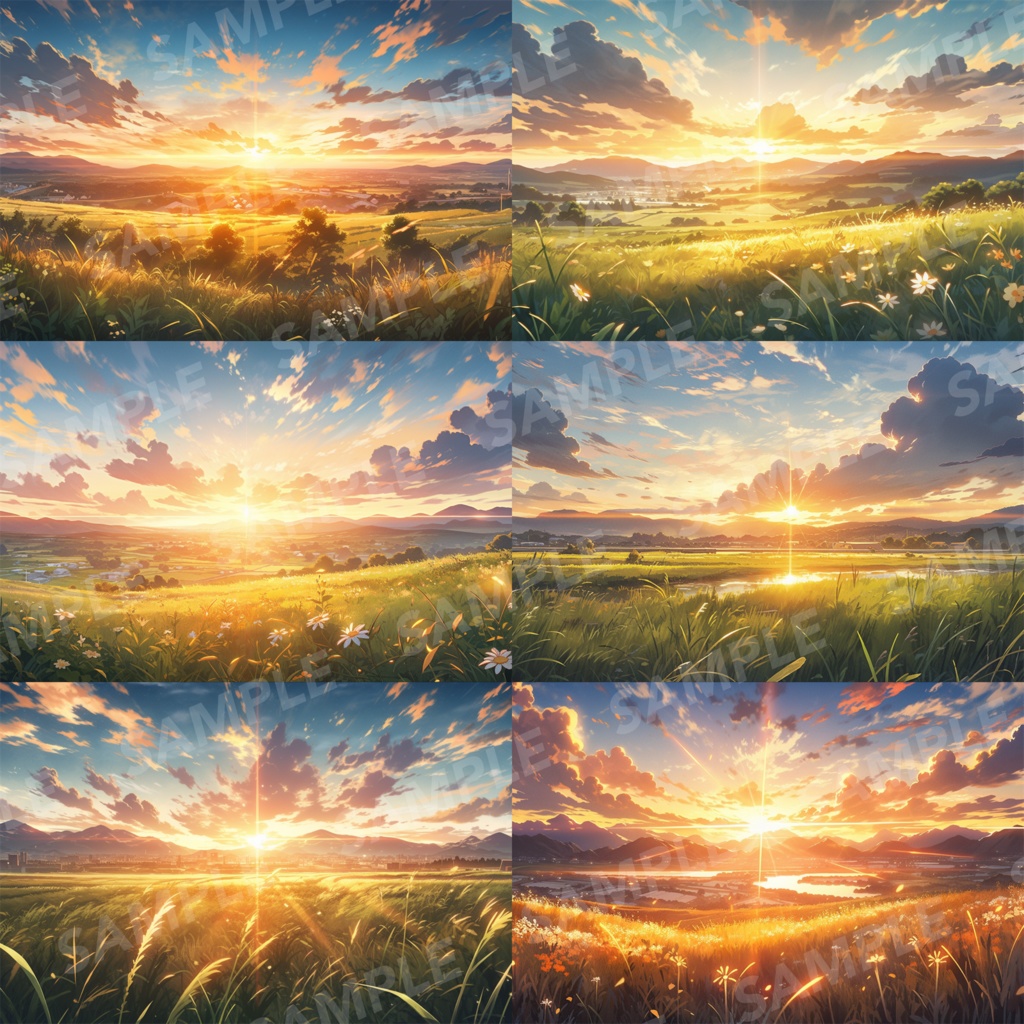 【背景素材】草原 夕日 自然 草 花 草むら お花畑 平原 芝生 牧場 放牧地 風景 遠景 アルプス 空 雲 アニメ風 背景 世界観 90枚【画集】【コンセプトアート】