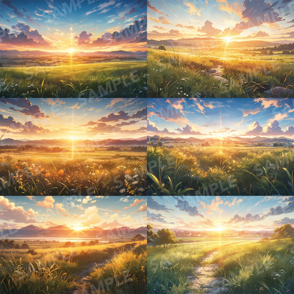 【背景素材】草原 夕日 自然 草 花 草むら お花畑 平原 芝生 牧場 放牧地 風景 遠景 アルプス 空 雲 アニメ風 背景 世界観 90枚【画集】【コンセプトアート】