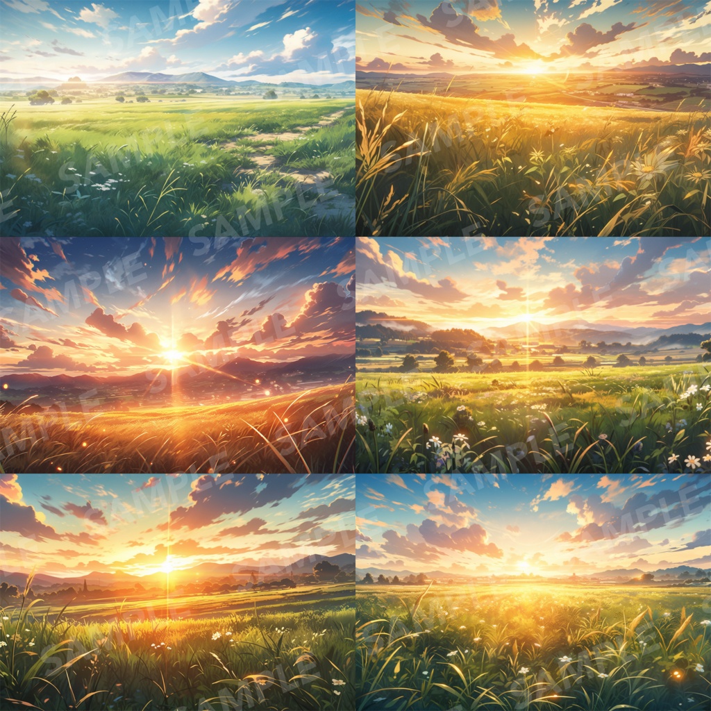 【背景素材】草原 夕日 自然 草 花 草むら お花畑 平原 芝生 牧場 放牧地 風景 遠景 アルプス 空 雲 アニメ風 背景 世界観 90枚【画集】【コンセプトアート】
