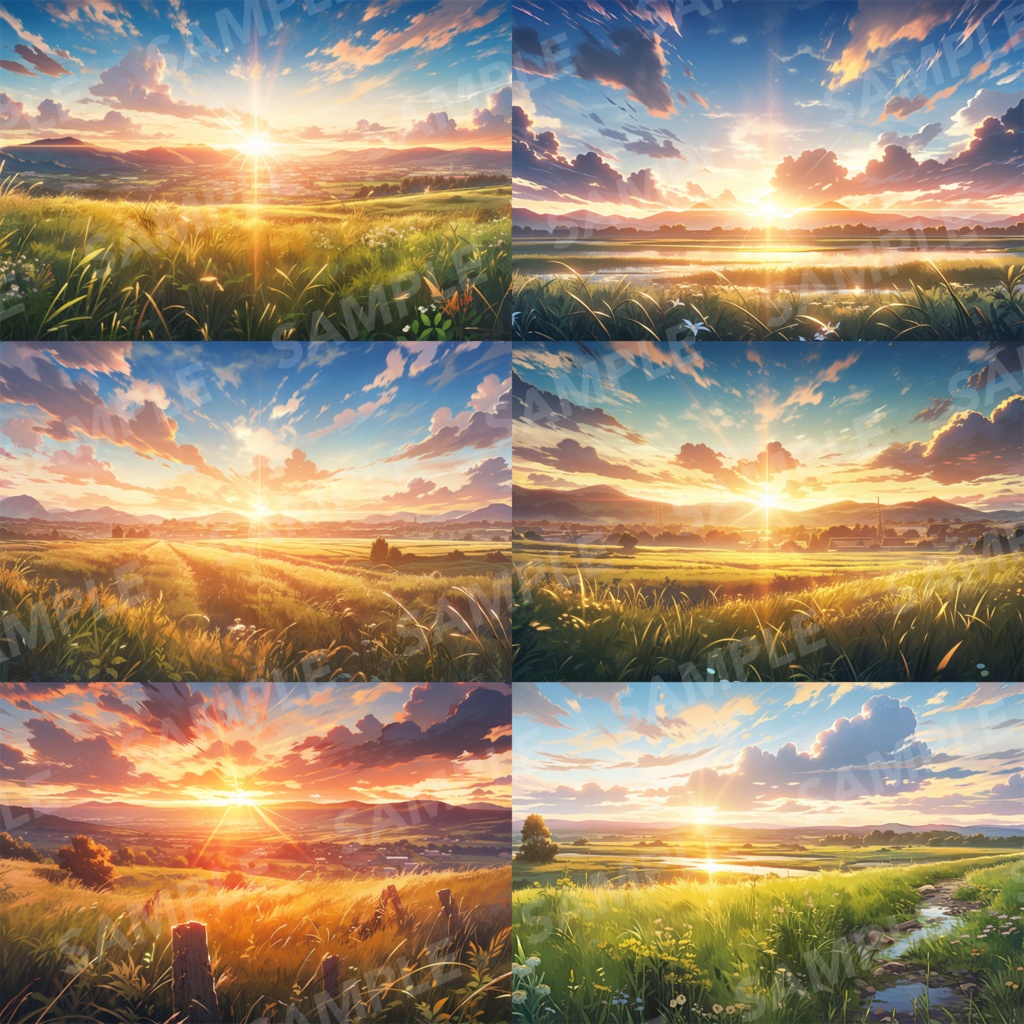 【背景素材】草原 夕日 自然 草 花 草むら お花畑 平原 芝生 牧場 放牧地 風景 遠景 アルプス 空 雲 アニメ風 背景 世界観 90枚【画集】【コンセプトアート】