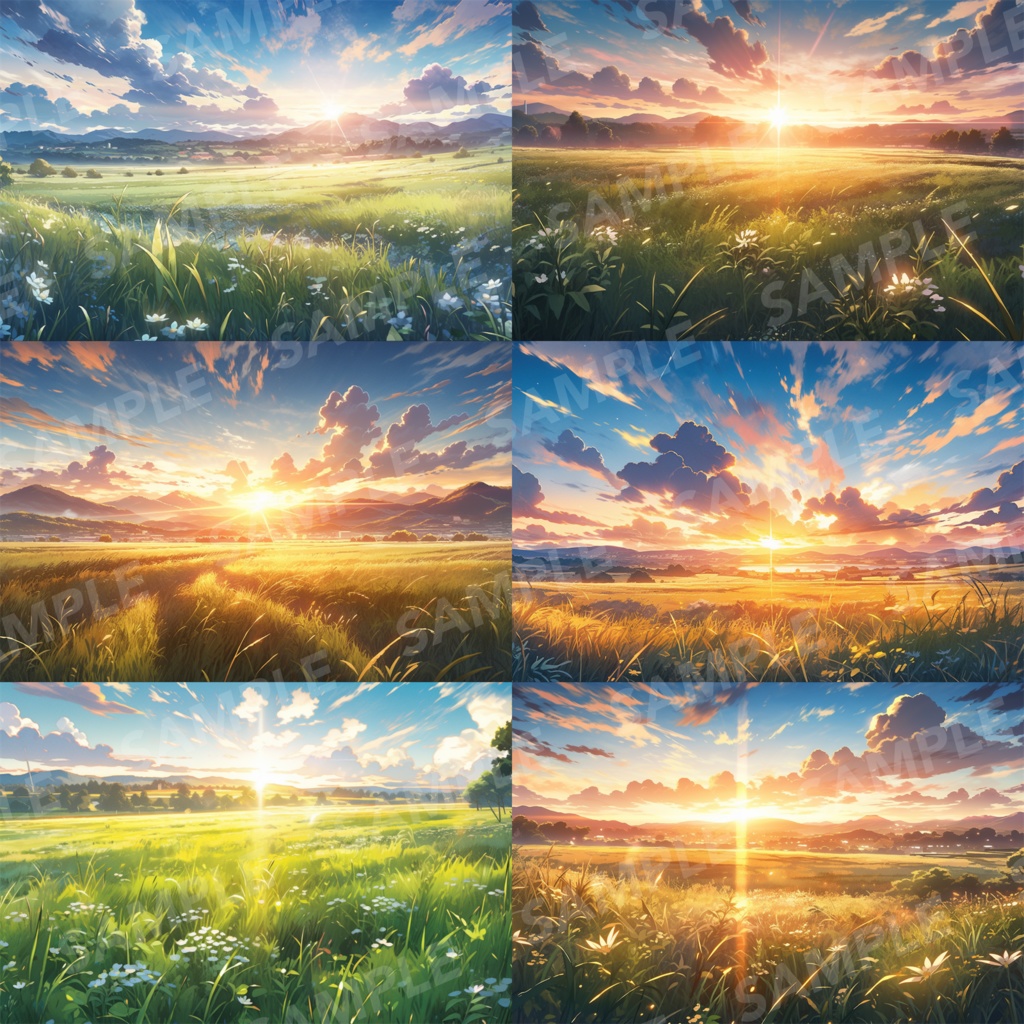 【背景素材】草原 夕日 自然 草 花 草むら お花畑 平原 芝生 牧場 放牧地 風景 遠景 アルプス 空 雲 アニメ風 背景 世界観 90枚【画集】【コンセプトアート】