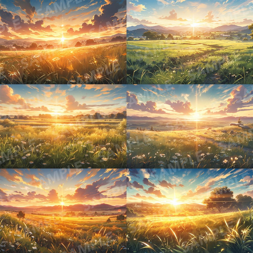 【背景素材】草原 夕日 自然 草 花 草むら お花畑 平原 芝生 牧場 放牧地 風景 遠景 アルプス 空 雲 アニメ風 背景 世界観 90枚【画集】【コンセプトアート】
