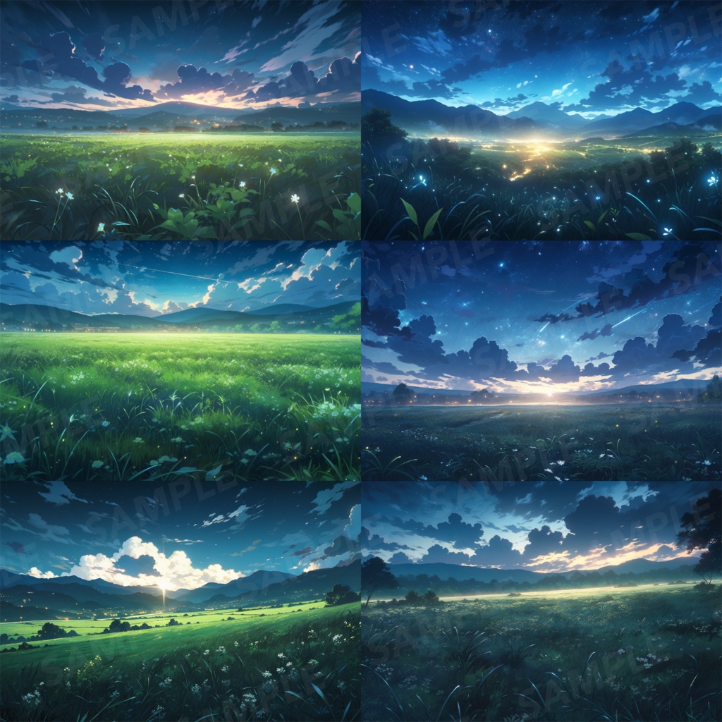 【背景素材】草原 夜 星空 自然 草 花 草むら お花畑 平原 芝生 牧場 放牧地 風景 遠景 アルプス 空 雲 アニメ風 背景 世界観 30枚【画集】【コンセプトアート】