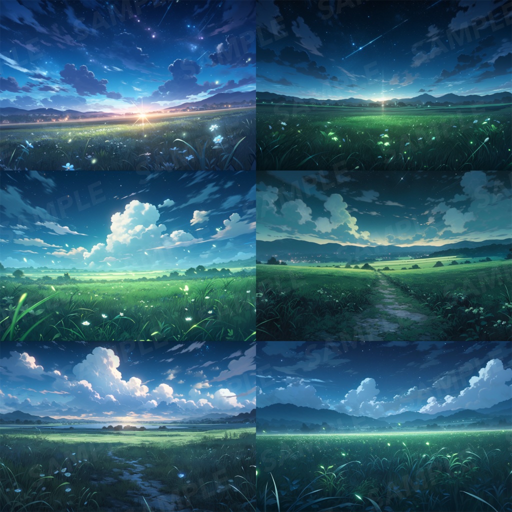 【背景素材】草原 夜 星空 自然 草 花 草むら お花畑 平原 芝生 牧場 放牧地 風景 遠景 アルプス 空 雲 アニメ風 背景 世界観 30枚【画集】【コンセプトアート】