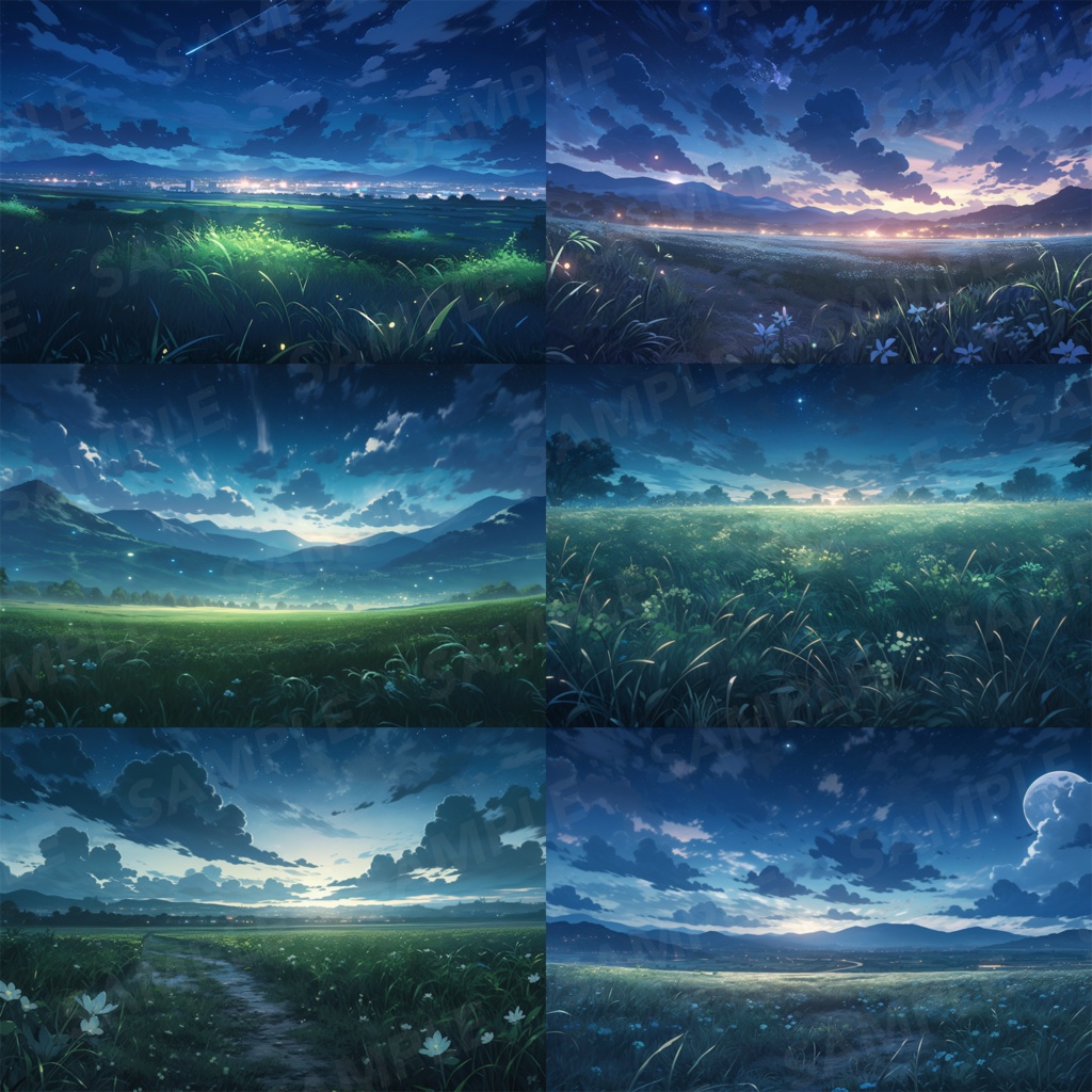 【背景素材】草原 夜 星空 自然 草 花 草むら お花畑 平原 芝生 牧場 放牧地 風景 遠景 アルプス 空 雲 アニメ風 背景 世界観 30枚【画集】【コンセプトアート】