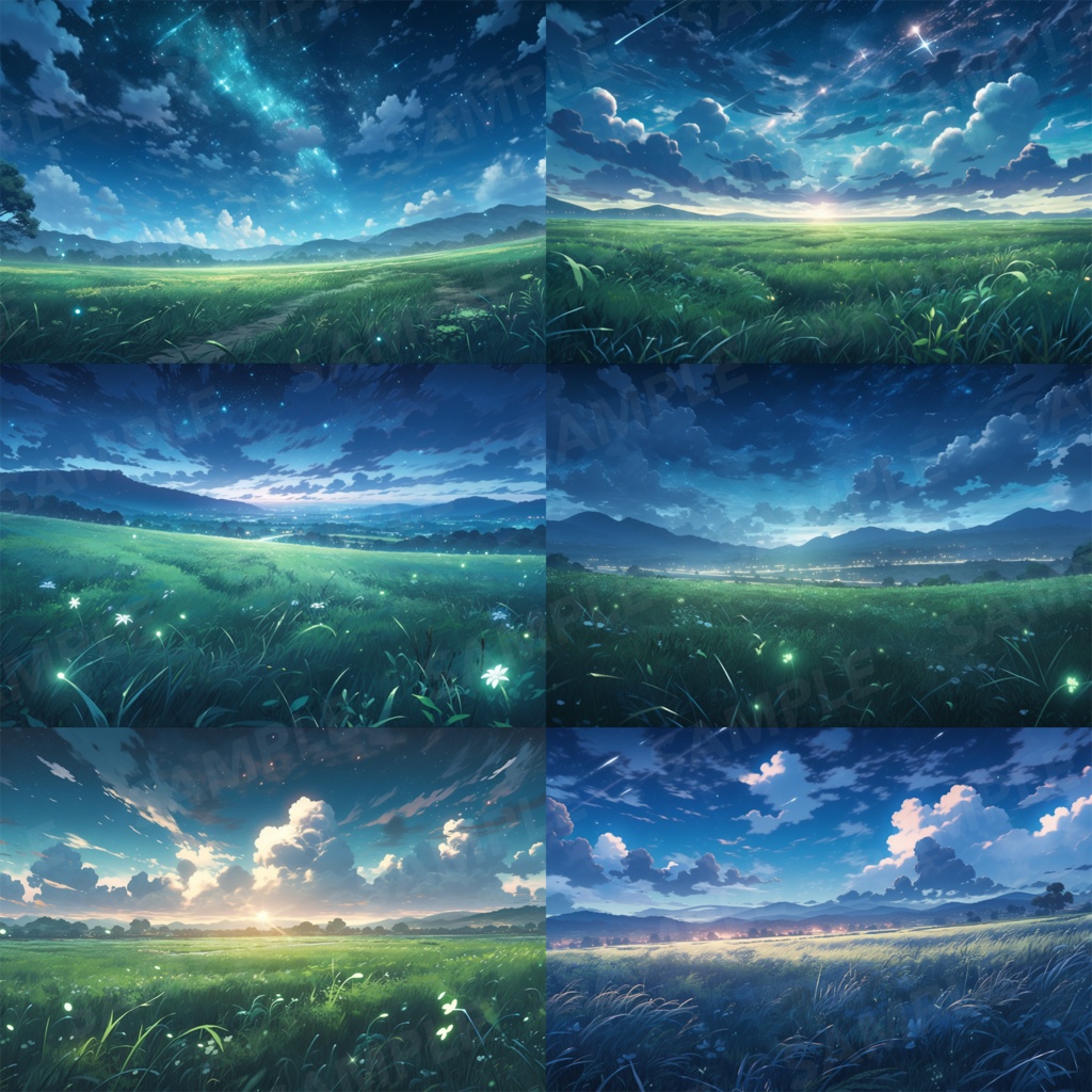【背景素材】草原 夜 星空 自然 草 花 草むら お花畑 平原 芝生 牧場 放牧地 風景 遠景 アルプス 空 雲 アニメ風 背景 世界観 30枚【画集】【コンセプトアート】