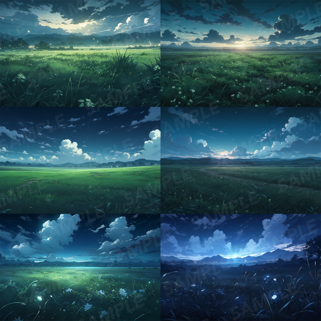 【背景素材】草原 夜 星空 自然 草 花 草むら お花畑 平原 芝生 牧場 放牧地 風景 遠景 アルプス 空 雲 アニメ風 背景 世界観 30枚【画集】【コンセプトアート】