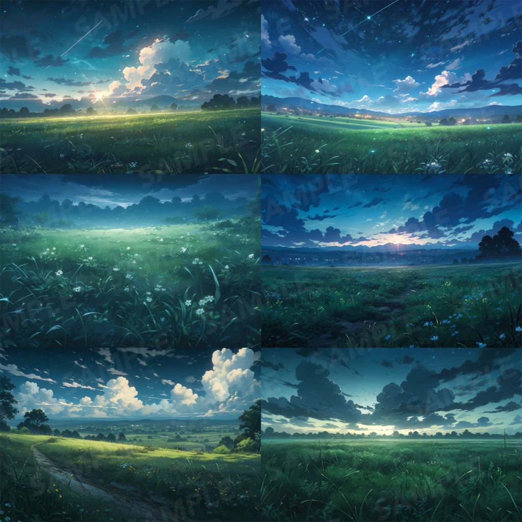 【背景素材】草原 夜 星空 自然 草 花 草むら お花畑 平原 芝生 牧場 放牧地 風景 遠景 アルプス 空 雲 アニメ風 背景 世界観 90枚【画集】【コンセプトアート】