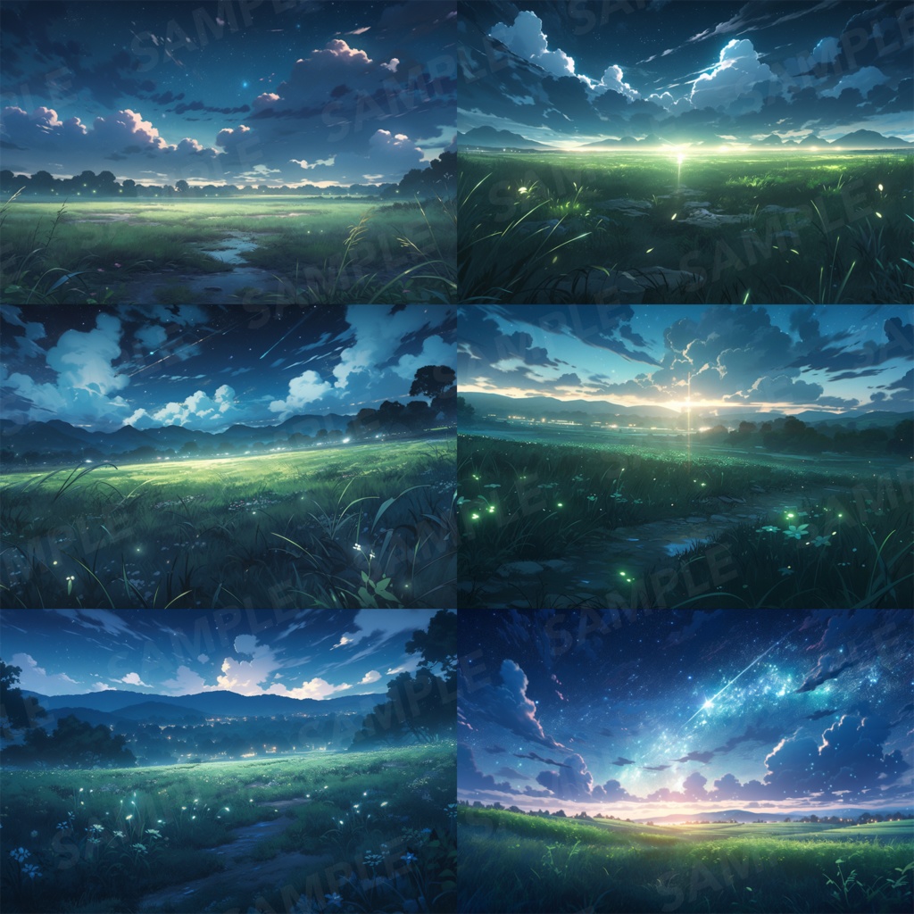 【背景素材】草原 夜 星空 自然 草 花 草むら お花畑 平原 芝生 牧場 放牧地 風景 遠景 アルプス 空 雲 アニメ風 背景 世界観 90枚【画集】【コンセプトアート】