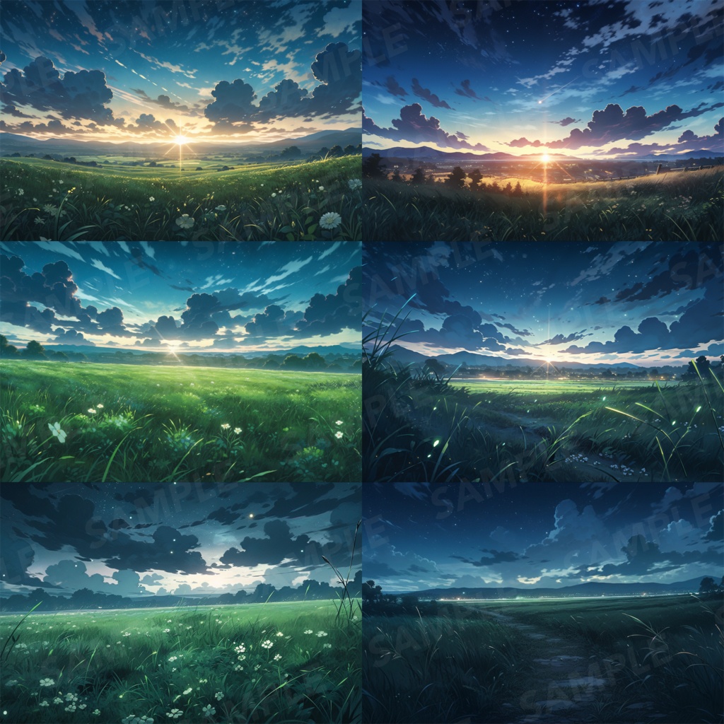 【背景素材】草原 夜 星空 自然 草 花 草むら お花畑 平原 芝生 牧場 放牧地 風景 遠景 アルプス 空 雲 アニメ風 背景 世界観 90枚【画集】【コンセプトアート】