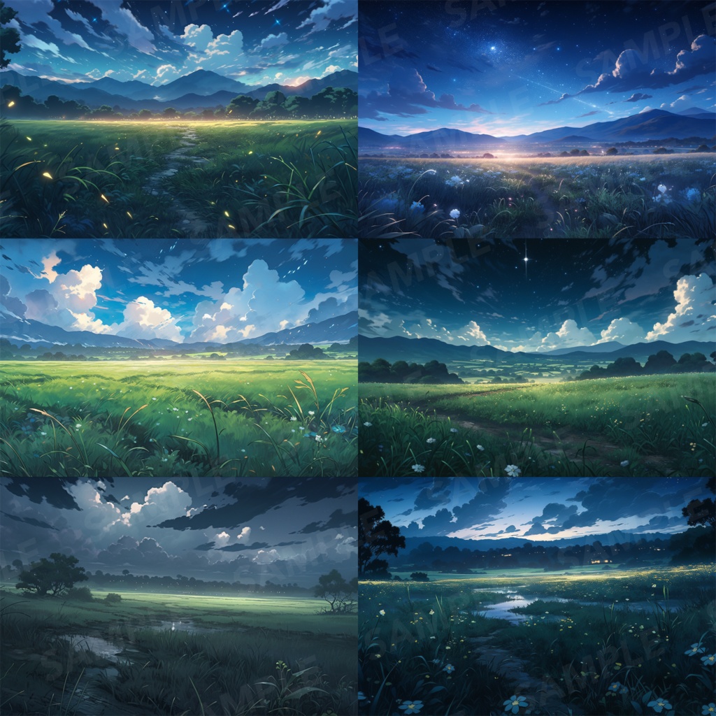 【背景素材】草原 夜 星空 自然 草 花 草むら お花畑 平原 芝生 牧場 放牧地 風景 遠景 アルプス 空 雲 アニメ風 背景 世界観 90枚【画集】【コンセプトアート】